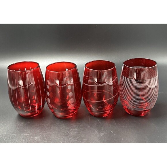 Mikasa Cheers Ruby Stemless Etched Wine Glasses 15.75 oz 4 Glass Designs - Picture 2 of 12